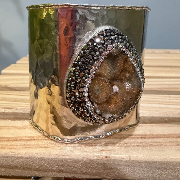 Jewelry - HP🌈 Sterling Silver Druzy Quartz Statement Cuff – Artisan Hammered Wide Bracelet